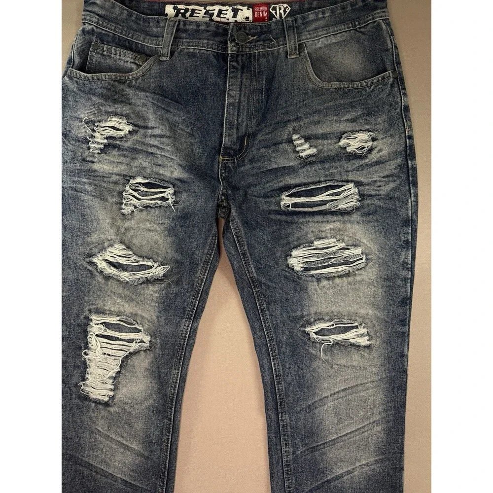 Men’s Reset Platinum Denim Heavily Distressed Jeans 36x32 Medium Wash Edgy Hip